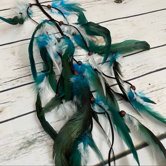 Boho Blue and White Long Feather Elastic Hair Tie - Picture 7 of 14